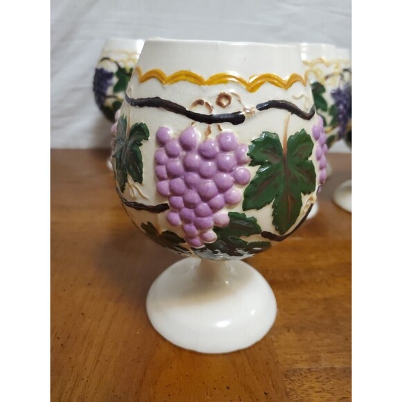 Arnels Ceramic Wine Goblet Glasses Set Of 6 Purple Grapes Green Vines Embossed - Picture 2 of 9